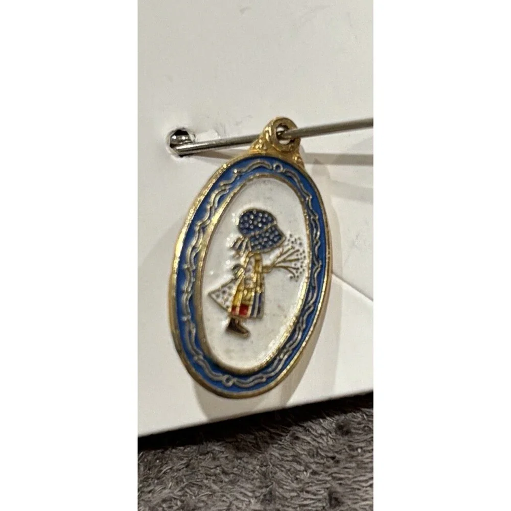Two Vintage Holly Hobby Pendant Costume Jewelry Small Enamel Goldtone 0.25x0.35”